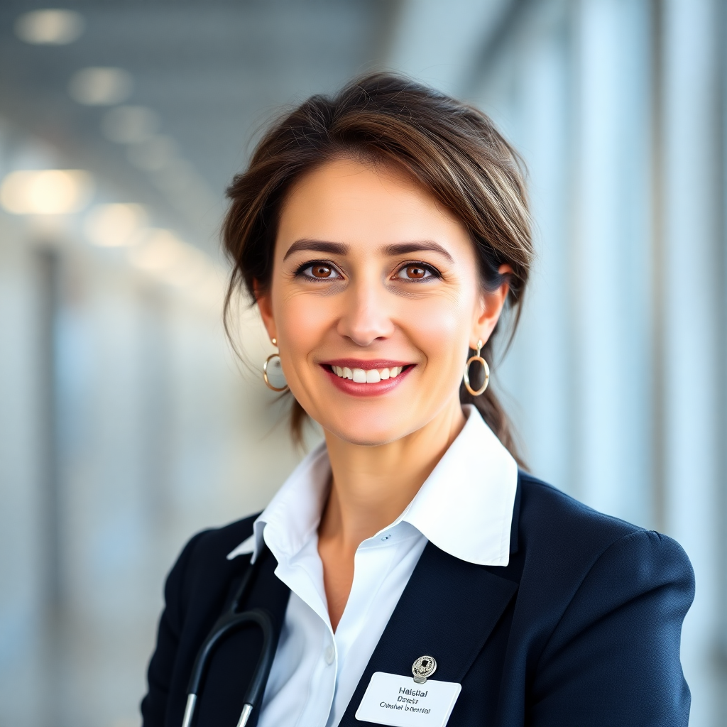 professional headshot of a female hospital director, 40s, european, business attire
